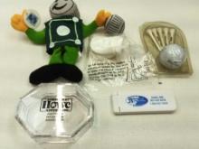 MISCELLANEOUS ADVERTISING ITEMS, STERLING STATE BANK BUCK FIGURE, GOLF BALL WITH TEES, AND OTHERS.