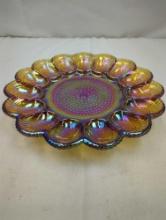 CARNIVAL GLASS DEVILED EGG PLATE HOLDS 15 EGGS 11" DIAMETER.