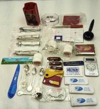 MISC ADVERTISING ITEMS, GLASSWARE PEN, DECK OF CARDS, LETTER OPENERS, RENA WARE SPOONS AND MANEY