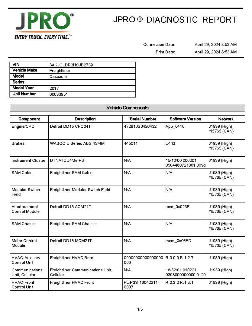 2017 FREIGHTLINER CASCADIA Serial Number: 3AKJGLDR3HSJB2739