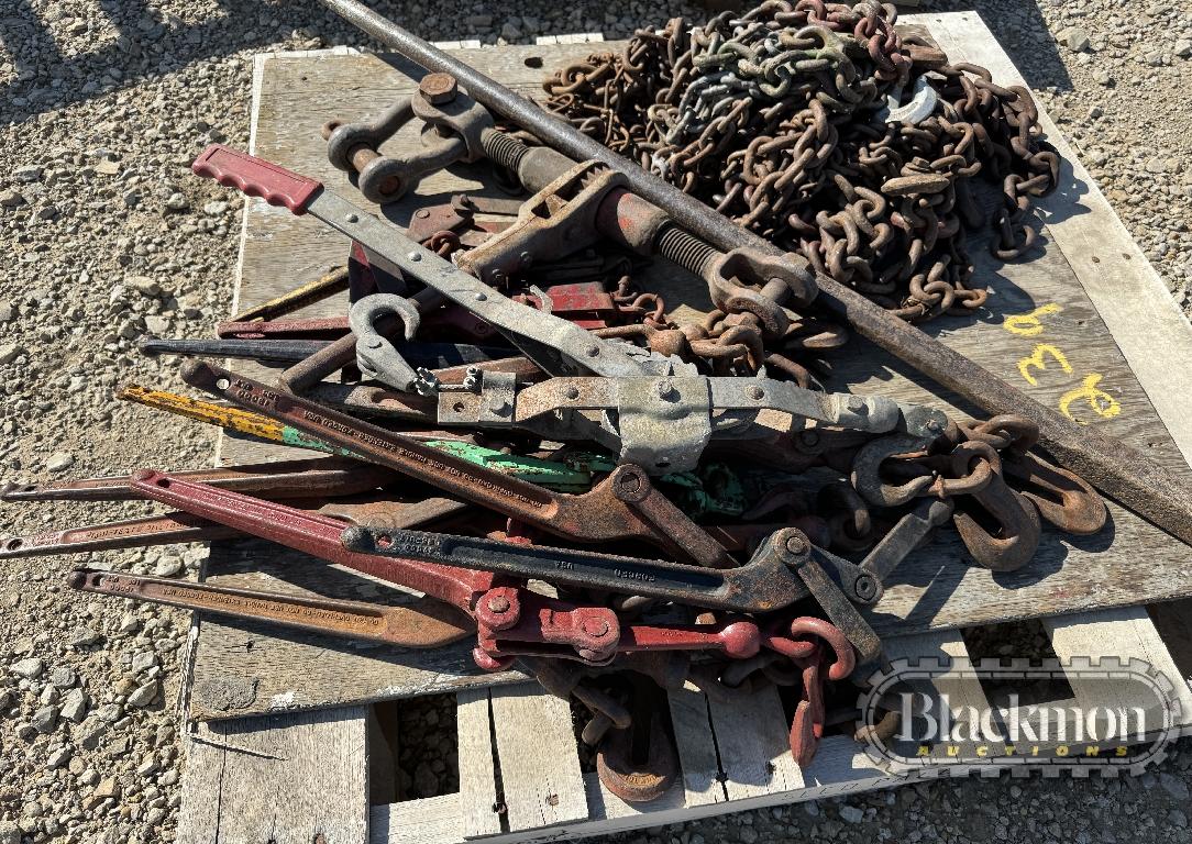 PALLET OF MISC LENGTHS OF CHAIN, ROCK BAR, COME ALONG, & MISC CHAIN BINDERS
