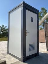 UNUSED PORTABLE SINGLE BATHROOM UNIT, 1 STALL, ELECTRIC & PLUMBING HOOK UP WITH EXTERIOR PLUMBING...
