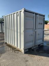 8FT OFFICE / STORAGE CONTAINER, FORK POCKETS WITH SIDE DOOR ENTRANCE & SIDE WINDOW, APPROX 86'' T