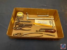 Pliers, Crescent Wrench, Stanley Tape Measure, Nail Puller, Punch, Single Edge Blades, Vintage Basin