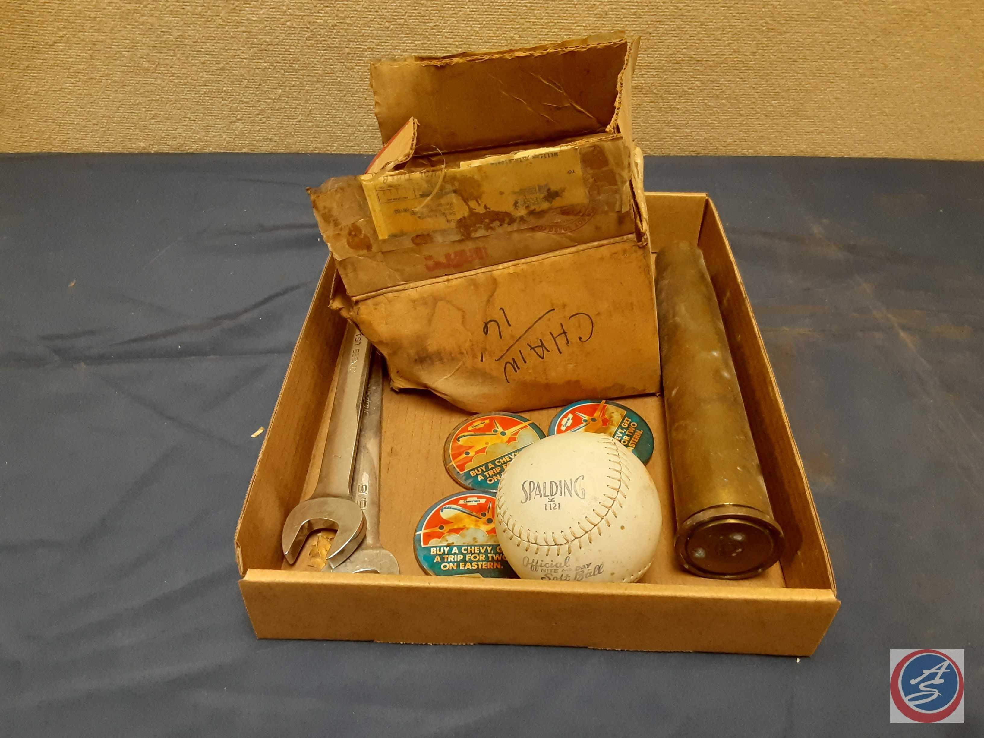 Vintage WW2 Shell Casing 40mm M25 dated 1944, Log Chain 16ft. in box, Spalding Softball, Snap-on