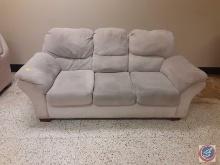 (1) tan polyester fiber sofa measurements are 79x36x36 need some cleaning
