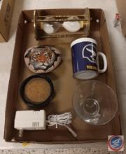 Hourglass, coasters, glasses, and tiger rock