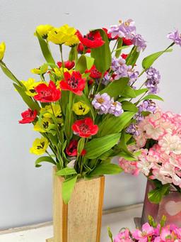 Group of Artificial Flowers in Wooden Bases