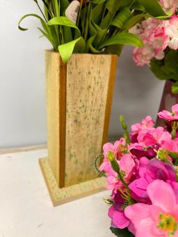 Group of Artificial Flowers in Wooden Bases