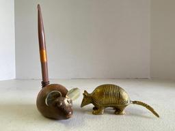 Vintage Brass Armadillo and Wooden Mouse Pen Holder