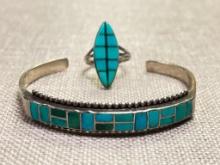 Native American Turquoise Cuff Bracelet and Ring Signed by Artist Ring