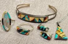 Sterling Silver Inlay Cuff Bracelet, Two Inlay Rings, Inlay Earrings and 18" Inlay Necklace
