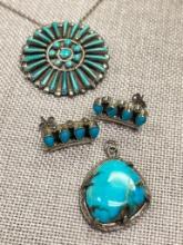 16" Turquoise Necklace, Turquoise Pendant and .925 Silver Earrings
