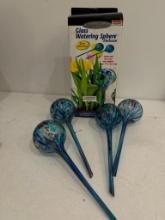 Group of Glass Watering Spheres, Two Still in Box, 11.5" Tall