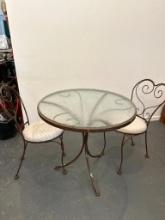 Two Ice Cream Style Chairs and Metal with Glass Top Outdoor Table