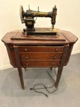 Antique, White Sewing Machine with Antique Cabinet