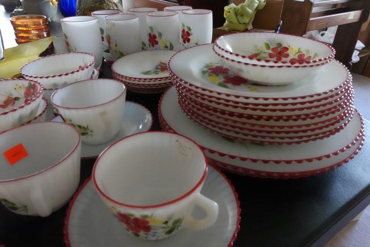 42 PC HANDPAINTED CHINA INCLUDING COFFEE CUPS CREAM AND SUGAR FROSTED GLASS