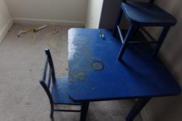 CHILDS ANTIQUE BLUE PAINTED TABLE AND TWO CHAIRS