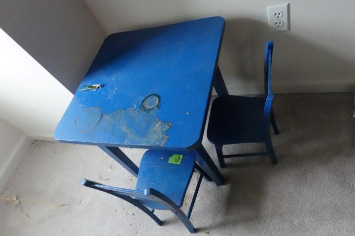 CHILDS ANTIQUE BLUE PAINTED TABLE AND TWO CHAIRS