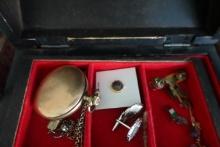 JEWELRY BOX WITH GOLD PLATED IMPERIAL POCKET WATCH PINS TIE TACS AND MORE