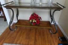 CONSOLE TABLE WROUGHT IRON WITH INLAY WITH BEVEL GLASS TOP APPROX 48 X 20 X