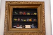 SHADOW BOX WITH COLLECTION OF GLASS PAPER WEIGHTS WITH VARIOUS DESIGNS INCL