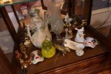 SHELF LOT INCLUDING PAPER WEIGHTS BELLS HAND PAINTED MINIATURE MASKS AND FI