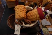 COLLECTION OF 4 LONGABERGER BASKETS SOME WITH LEATHER HANDLES AND GRAPEVINE
