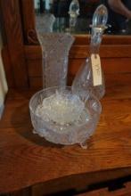 CUT GLASS DAISEY VASE FOOTED BOWLS AND DECANTER