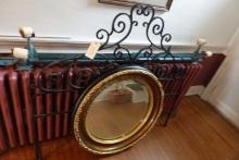 ORNATE WROUGHT IRON FULL SIZE HEAD BOARD AND ROUND MIRROR APPROX 32 INCH