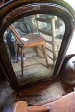 EARLY DOME TOP BEVEL MIRROR AND OAK ARM CHAIR WITH DAMAGE AND FOOT STOOL WI
