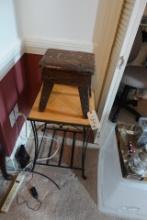 PRIMITIVE WOODEN FOOT STOOL AND WROUGHT IRON/WOOD STAND