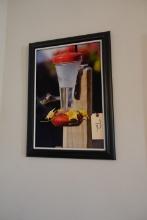 COLOR PHOTOGRAPH FRAMED UNDER GLASS HUMMINGBIRD AT FEEDER APPROX 22 X 15