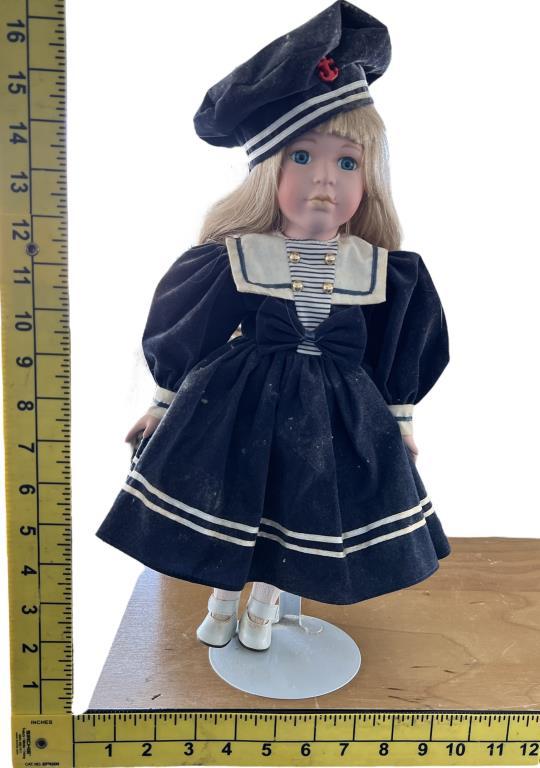 (2) Porcelain Sailor Dolls with Doll Stands -