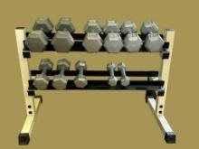 Weights and Weight Rack by Keys:  (2) 30 Pound Weights, (2) 25 Pound Weights, (2) 20 Pound Weights,