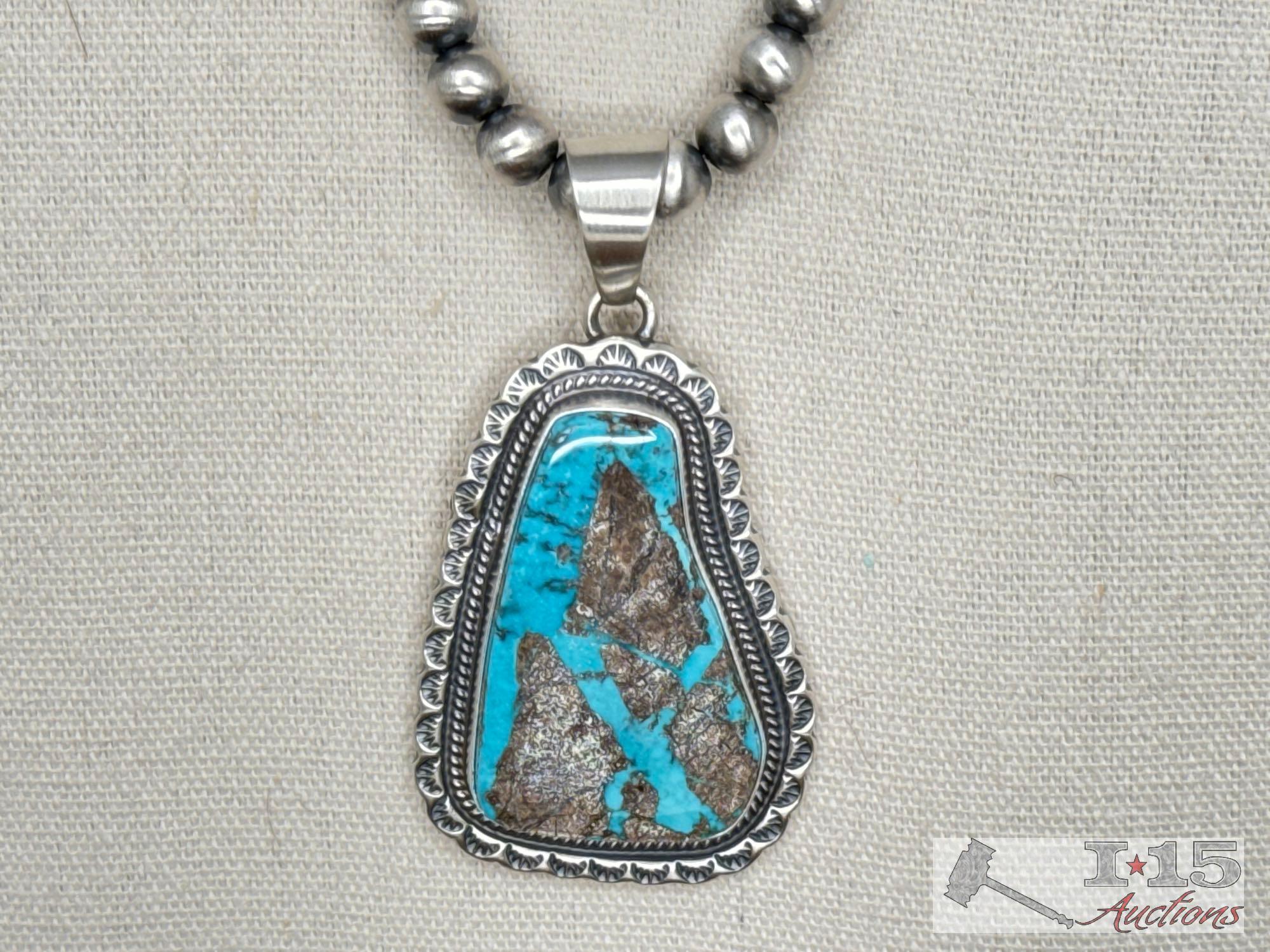 Native American Sterling Silver Turquoise Necklace, 62g