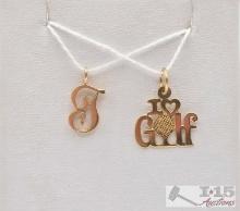 (2) 14K "T" & "I Heart Golf" Gold Pendants, 1.47g