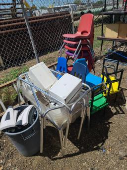 Group of Color Assorted Children Chairs, (1) Plastic Trash Bin, Group of Misc. Items