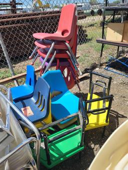 Group of Color Assorted Children Chairs, (1) Plastic Trash Bin, Group of Misc. Items