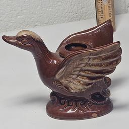 Mid Century Brown Drip Pottery Duck Candle Holder