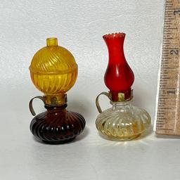 Pair of Vintage Miniature Glass Oil Lamps with Plastic Chimneys