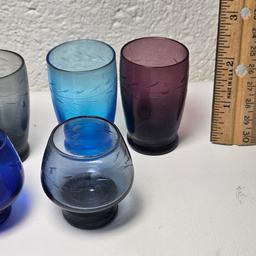 Lot of Vintage Etched Shot Glasses, Multi Colors