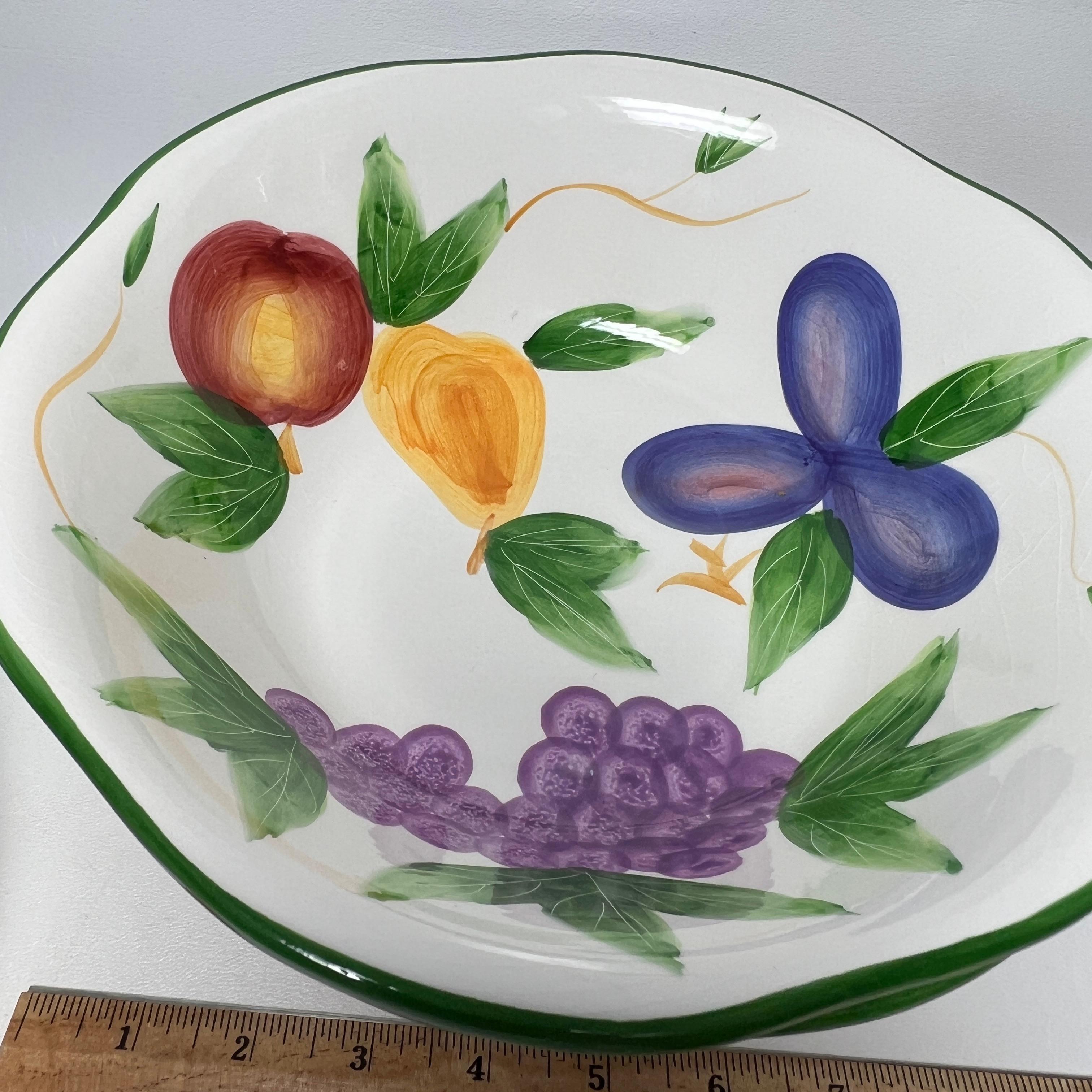 Lot of 7 Hand Painted Fruit & Veggie Themed Bowls with Green Edges by Baby Roma
