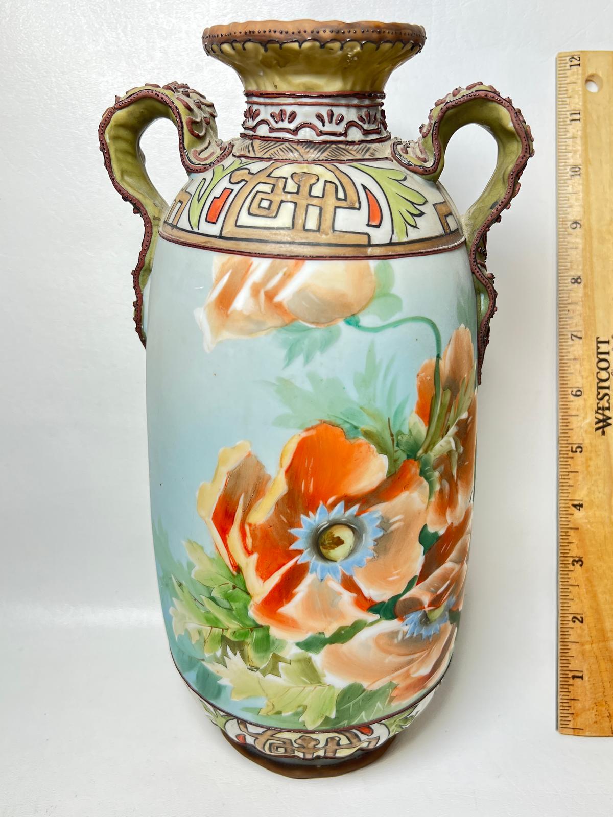 Exquisite Nippon Hand Painted Floral Applied Double Handled Vase
