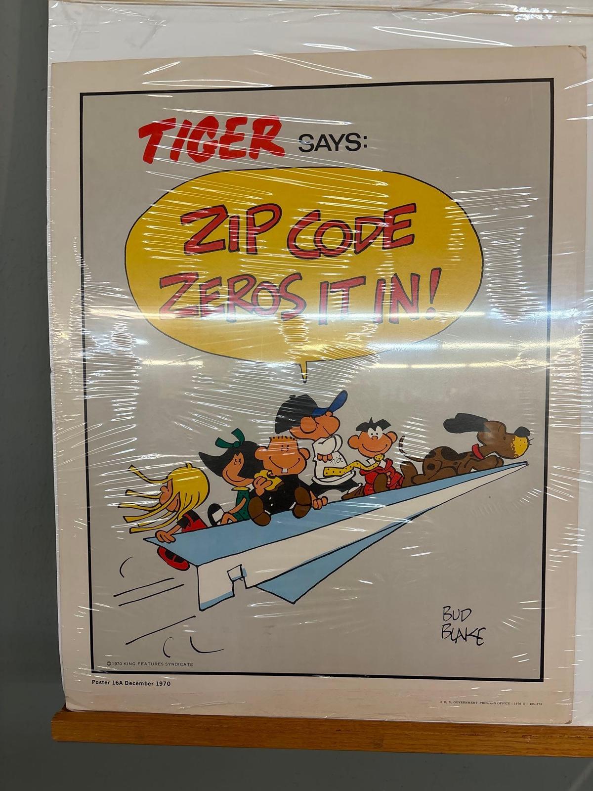 vintage 1970 post office poster tiger says ZIP Code by Bud Blake