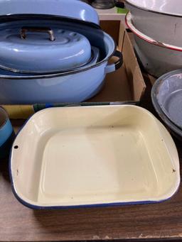 Lot of enamelware roasters pans basins and more