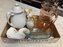 Pink glass pitcher blue etched bone China and more
