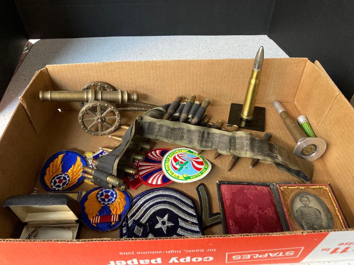 Military items including tintype patches bullets and more