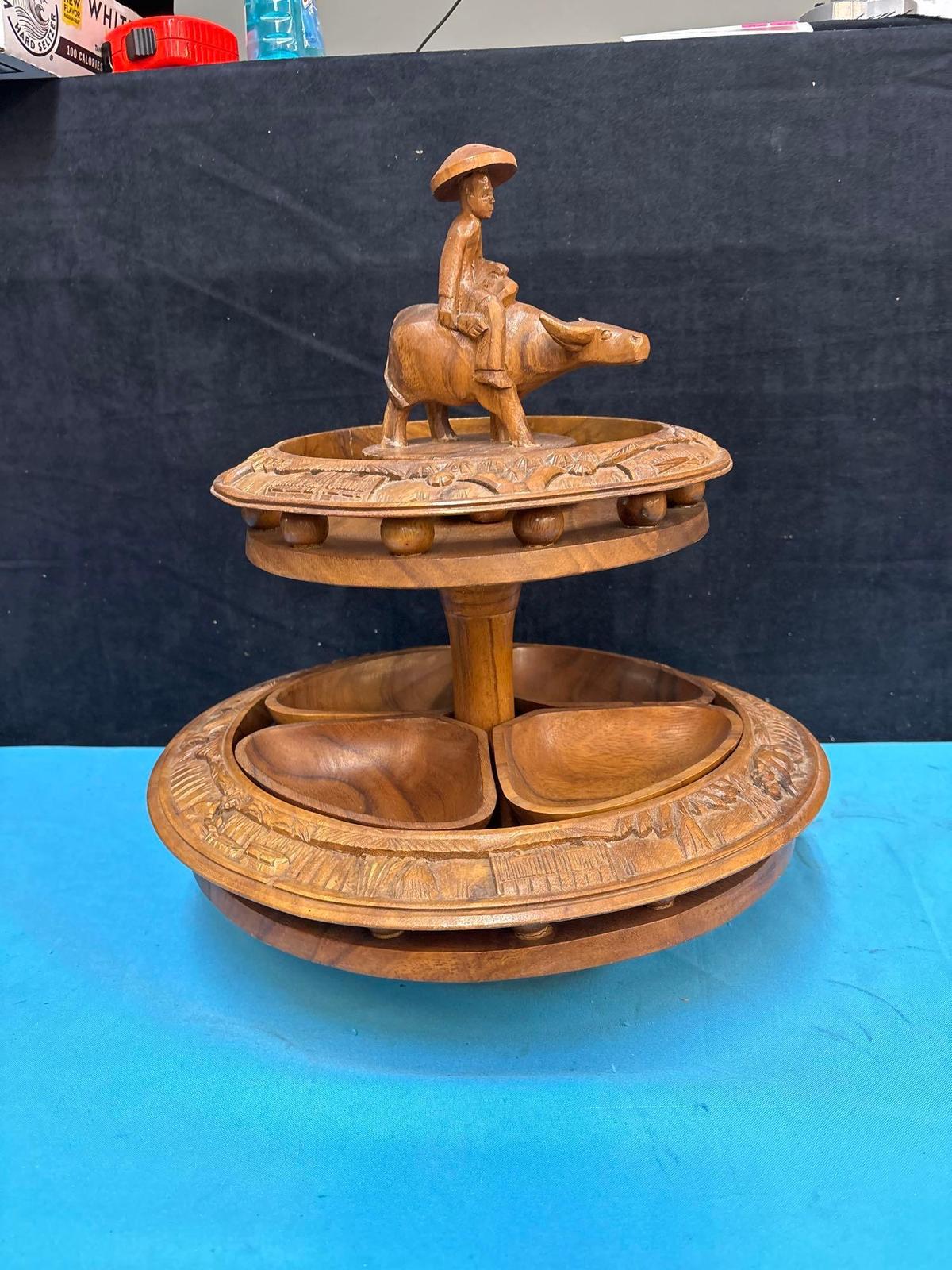 vintage carved wood tiki Lazy Susan with compartments