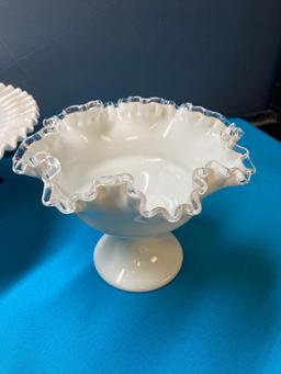Fenton hobnail ruffled pedestal cake stand and 2 Fenton silver crest ruffled bowls